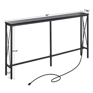 ELYKEN Console Table with Power Outlet, 63” Narrow Sofa Table for Living Room, Long Slim Table with Charge Station and 6.5’ Extension Cord, Black Couch Table with Metal Frame