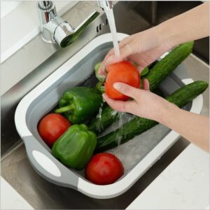 SKIMT Chopping Board Kitchen Chopping Block Foldable Cutting Board with Colanders Kitchen Chopping Boards Washing Basket Drain Kitchen Organizer