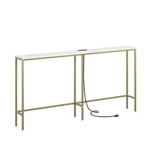 songxin 63 inch console table with power outlet,modern narrow long sofa table behind couch,skinny entry table with gold metal frame for entryway,living room, hallway,marble white
