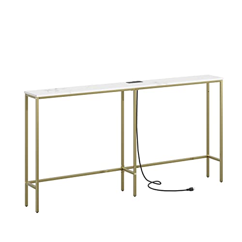 SONGXIN 63 Inch Console Table with Power Outlet,Modern Narrow Long Sofa Table Behind Couch,Skinny Entry Table with Gold Metal Frame for Entryway,Living Room, Hallway,Marble White