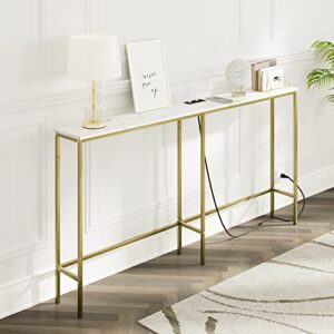 SONGXIN 63 Inch Console Table with Power Outlet,Modern Narrow Long Sofa Table Behind Couch,Skinny Entry Table with Gold Metal Frame for Entryway,Living Room, Hallway,Marble White