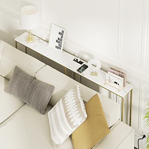 SONGXIN 63 Inch Console Table with Power Outlet,Modern Narrow Long Sofa Table Behind Couch,Skinny Entry Table with Gold Metal Frame for Entryway,Living Room, Hallway,Marble White