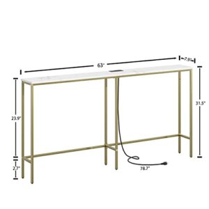 SONGXIN 63 Inch Console Table with Power Outlet,Modern Narrow Long Sofa Table Behind Couch,Skinny Entry Table with Gold Metal Frame for Entryway,Living Room, Hallway,Marble White