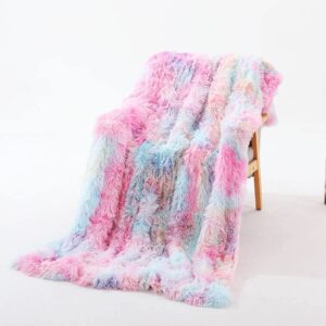 rainbow tie-dye extra soft fuzzy faux fur throw blanket 50″ x 60″,solid reversible lightweight long hair shaggy blanket,fluffy cozy plush comfy microfiber fleece blankets for couch sofa bedroom