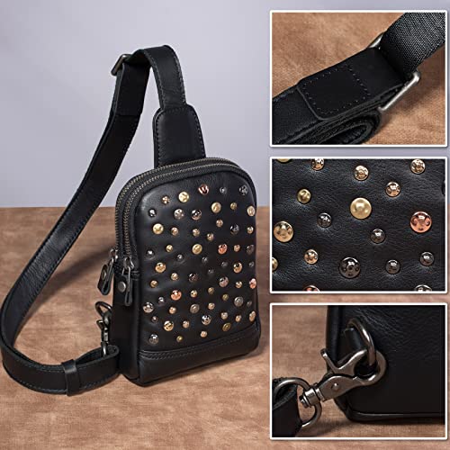 CENUNCO Genuine Leather Sling Bag for Women Small Leather Crossbody Sling Backpack Rivet Style Chest Anti-Theft Black Phone Purse with Card Slots Casual Daypack