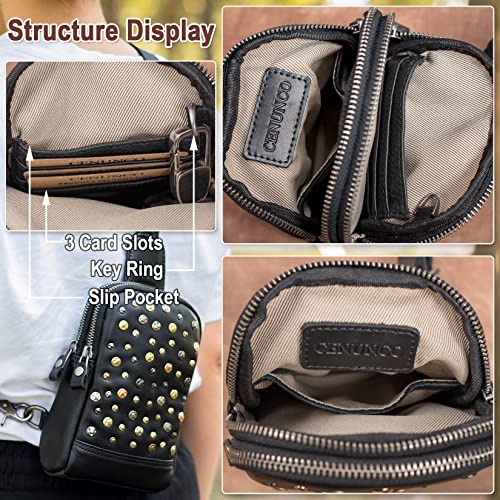 CENUNCO Genuine Leather Sling Bag for Women Small Leather Crossbody Sling Backpack Rivet Style Chest Anti-Theft Black Phone Purse with Card Slots Casual Daypack