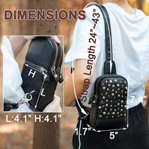 CENUNCO Genuine Leather Sling Bag for Women Small Leather Crossbody Sling Backpack Rivet Style Chest Anti-Theft Black Phone Purse with Card Slots Casual Daypack