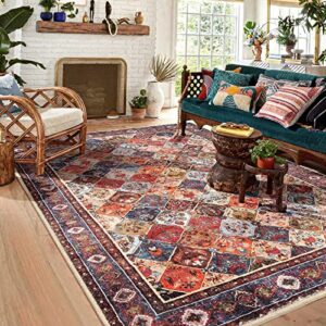 COLORPAPA Area Rug 5x7 Washable Rug Persian Boho Rug for Living Room Bedroom Dining Room Office Distressed Oriental Vintage Soft Non-Slip Floor Carpet, Red/Multi