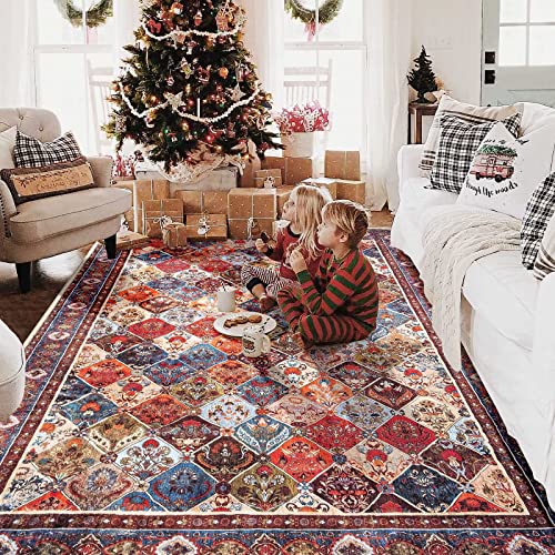 COLORPAPA Area Rug 5x7 Washable Rug Persian Boho Rug for Living Room Bedroom Dining Room Office Distressed Oriental Vintage Soft Non-Slip Floor Carpet, Red/Multi