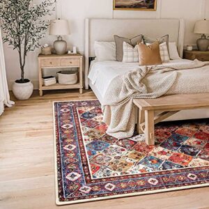 COLORPAPA Area Rug 5x7 Washable Rug Persian Boho Rug for Living Room Bedroom Dining Room Office Distressed Oriental Vintage Soft Non-Slip Floor Carpet, Red/Multi