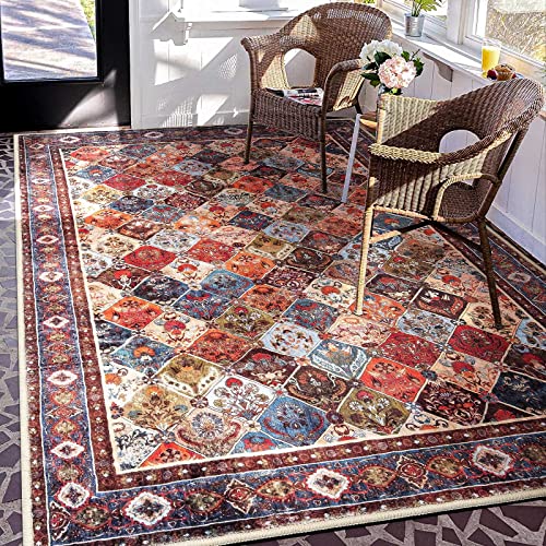 COLORPAPA Area Rug 5x7 Washable Rug Persian Boho Rug for Living Room Bedroom Dining Room Office Distressed Oriental Vintage Soft Non-Slip Floor Carpet, Red/Multi