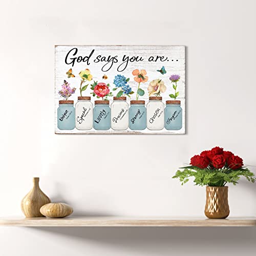 Inspirational Floral Canvas Wall Art: God Says You Are Positive Quotes Wall Decor, Flowers in Mason Jar Picture Motivational Bible Verse Poster for Women Bedroom Home Decoration 10" x 15"