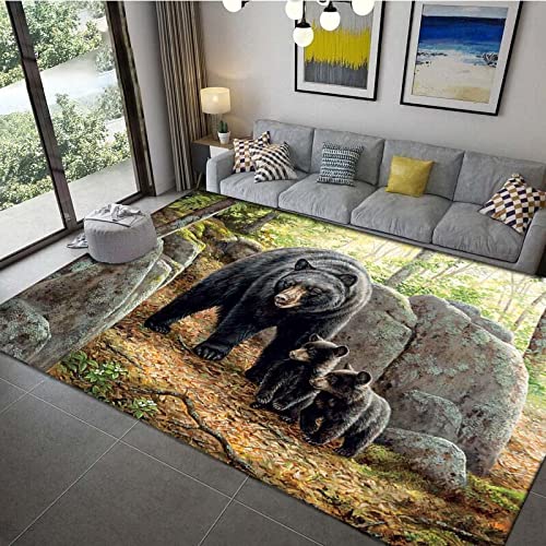 3D Brown Animal Bear Family Printed Area Rug, Black Bear Machine Washable Carpet, Indoor Accent Non Slip Rug for Kids Living Room Bedroom Dining Room Kitchen, 4x6ft