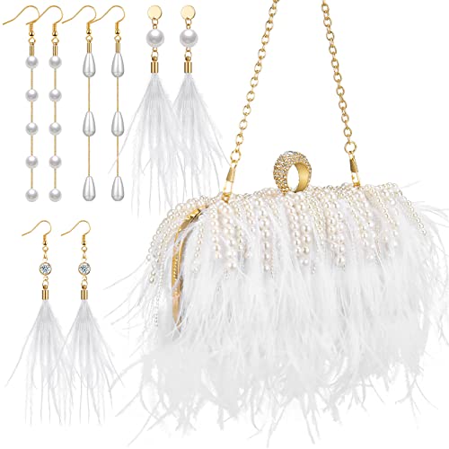 5 Pcs Women Feather Evening Bags Feather Clutch Purse Pearl Bag Pearl Drop Dangle Feather Earrings for Wedding Banquet Party (,)