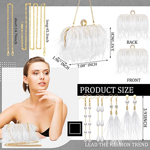 5 Pcs Women Feather Evening Bags Feather Clutch Purse Pearl Bag Pearl Drop Dangle Feather Earrings for Wedding Banquet Party (,)