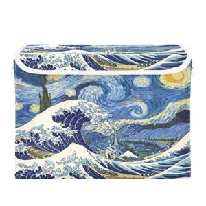 xigua van gogh wave stars storage bins with lids and carrying handle,foldable storage boxes organizer containers baskets cube with cover for home bedroom closet office nursery