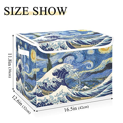 xigua Van Gogh Wave Stars Storage Bins with Lids and Carrying Handle,Foldable Storage Boxes Organizer Containers Baskets Cube with Cover for Home Bedroom Closet Office Nursery