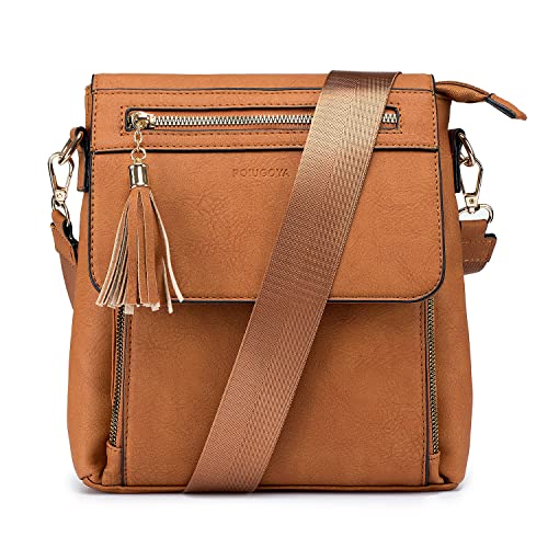 POIUGOYA Crossbody Purses for Women,Leather Medium Shoulder Bag Travel Purses Lightweight with Adjustable Strap and Tassel