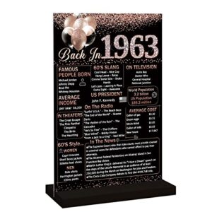 vlipoeasn 60th birthday anniversary table decoration 1963 poster for women, rose gold back in 1963 acrylic table sign with wooden stand, 60 year old birthday party centerpieces gift supplies