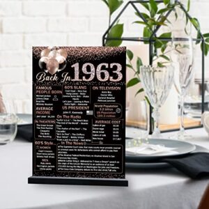 Vlipoeasn 60th Birthday Anniversary Table Decoration 1963 Poster for Women, Rose Gold Back in 1963 Acrylic Table Sign with Wooden Stand, 60 Year Old Birthday Party Centerpieces Gift Supplies