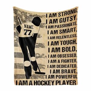 mypupsocks personalized hockey player blanket with name/number and text design gift for sports fans & lovers, all-season blanket throw 50″x60″