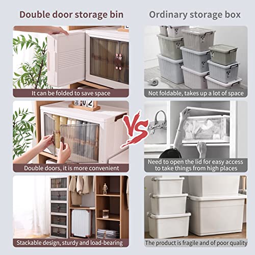 Collapsible Storage Bins with Lids Magnetic Door 55 Qt Clear Stackable Storage Bins with Wheels Plastic Storage Bins with Front Opening Folding Storage Bins for Bedroom Living Room Office(1 Pack)