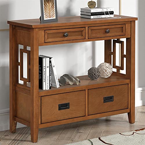 L“KeKe 36 Inch Country Farmhouse Console Table with 4 Drawers and 1 Storage Shelf Pine Wood Suitable for Entryway Entrance Living Room Bedroom Hallway Kitchen (Brown)