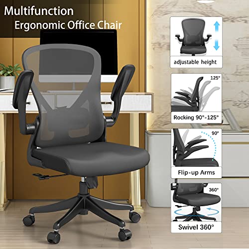 SICHY AGE Ergonomic Office Chair Home Desk Office Chair with Flip-Armrest & Cushion for Lumbar Support, Mid Back Computer Chair with Thickened Cushion Desk Chairs