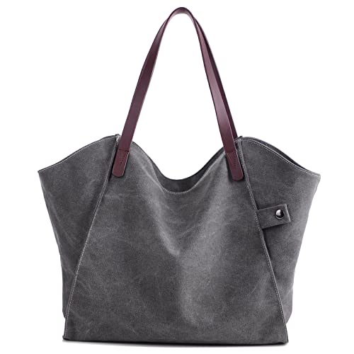 Eamom large capacity tote bags for school canvas tote bag for women leather strap shoulder bag handbag hobo tote bag (Gray)