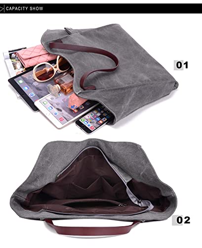 Eamom large capacity tote bags for school canvas tote bag for women leather strap shoulder bag handbag hobo tote bag (Gray)