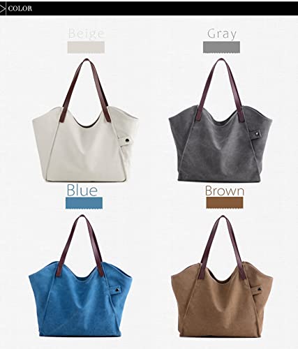 Eamom large capacity tote bags for school canvas tote bag for women leather strap shoulder bag handbag hobo tote bag (Gray)