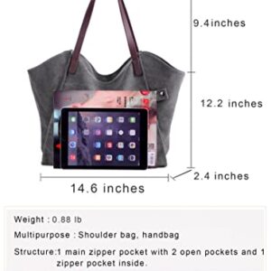 Eamom large capacity tote bags for school canvas tote bag for women leather strap shoulder bag handbag hobo tote bag (Gray)