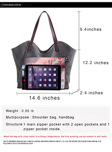 Eamom large capacity tote bags for school canvas tote bag for women leather strap shoulder bag handbag hobo tote bag (Gray)