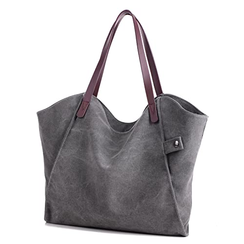 Eamom large capacity tote bags for school canvas tote bag for women leather strap shoulder bag handbag hobo tote bag (Gray)