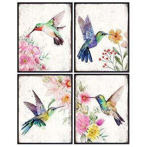 hummingbirds wall art – pink blue green country floral shabby chic decor- bedroom decor for women – cute living room wall decor – girls room decor poster set – farmhouse print decoration unframed 8x10