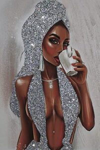 african american black woman silver glitter textured canvas print poster,sparkly women’s wall decor fashion female painting canvas prints living room bedroom bathroom home decor,16×24 inch,unframed.