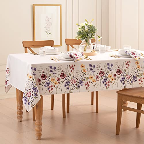 Elrene Home Fashions Poppy Wildflower Botanical Border Fabric Tablecloth, Rectangle, 60 inches X 120 inches