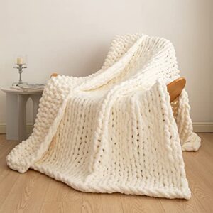 LiBcmlian Cream Chunky Knit Blanket Throw 40"x40" Luxury Chenille Yarn Knitted Blanket Tight Braided Thick Cable Knit Throw Blanket for Couch Bed Sofa