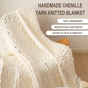 LiBcmlian Cream Chunky Knit Blanket Throw 40"x40" Luxury Chenille Yarn Knitted Blanket Tight Braided Thick Cable Knit Throw Blanket for Couch Bed Sofa