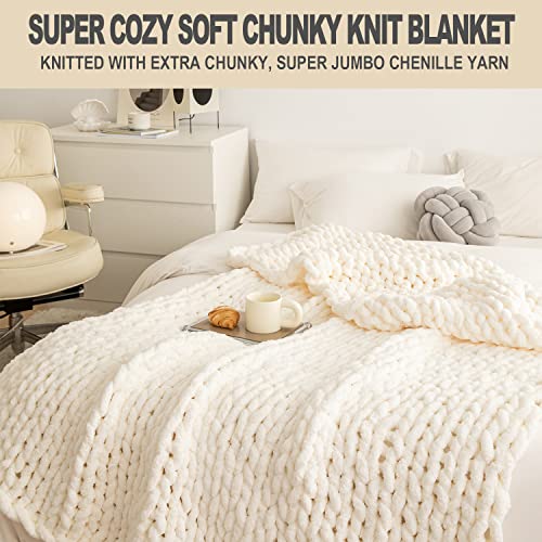 LiBcmlian Cream Chunky Knit Blanket Throw 40"x40" Luxury Chenille Yarn Knitted Blanket Tight Braided Thick Cable Knit Throw Blanket for Couch Bed Sofa