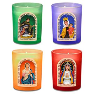 Virgin Mary Prayer Candles Christian Religions Saints Jesus Devotional Soy Wax Lavender, Cedar, Lemon and Apple Scented Glass Votive Candles for Altar, Mantle, Church - Set of 4