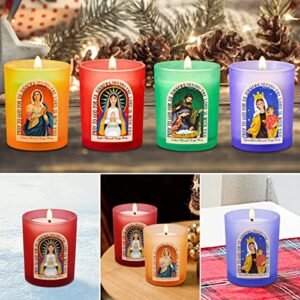 Virgin Mary Prayer Candles Christian Religions Saints Jesus Devotional Soy Wax Lavender, Cedar, Lemon and Apple Scented Glass Votive Candles for Altar, Mantle, Church - Set of 4