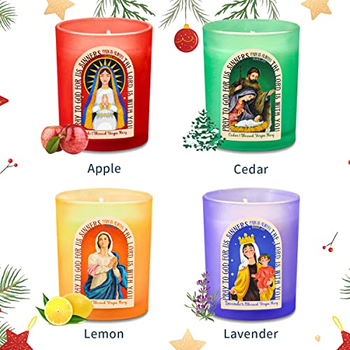 Virgin Mary Prayer Candles Christian Religions Saints Jesus Devotional Soy Wax Lavender, Cedar, Lemon and Apple Scented Glass Votive Candles for Altar, Mantle, Church - Set of 4