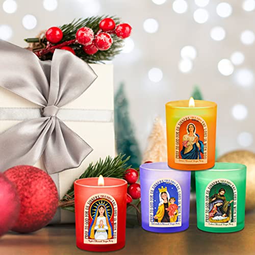 Virgin Mary Prayer Candles Christian Religions Saints Jesus Devotional Soy Wax Lavender, Cedar, Lemon and Apple Scented Glass Votive Candles for Altar, Mantle, Church - Set of 4