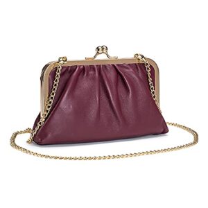 vintage genuine leather women clip bag kiss lock clutch purse chain crossbody bags small evening bags (wine red)
