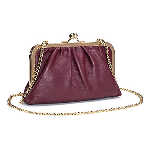 Vintage Genuine Leather Women Clip Bag Kiss Lock Clutch Purse Chain Crossbody Bags Small Evening Bags (Wine Red)