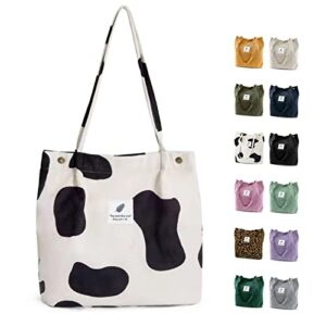 tellumo fashion tote bag for women girl corduroy shoulder cord purse with inner pocket (cow pattern)