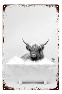 funny highland cow wall art tin sign cute black and white longhorn cow vintage look retro metal sign animal rustic farmhouse style wall decor for bathroom restroom 12×8 inch