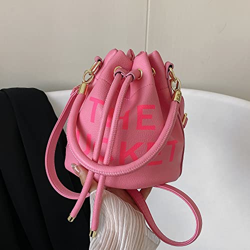 Small Bucket Bag for Women, Leather Bucket Bag Purses, Crossbody/Handbag/Hobo Bag(7.9*7.9*8.3in) (Rose Red)