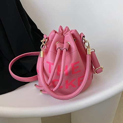 Small Bucket Bag for Women, Leather Bucket Bag Purses, Crossbody/Handbag/Hobo Bag(7.9*7.9*8.3in) (Rose Red)